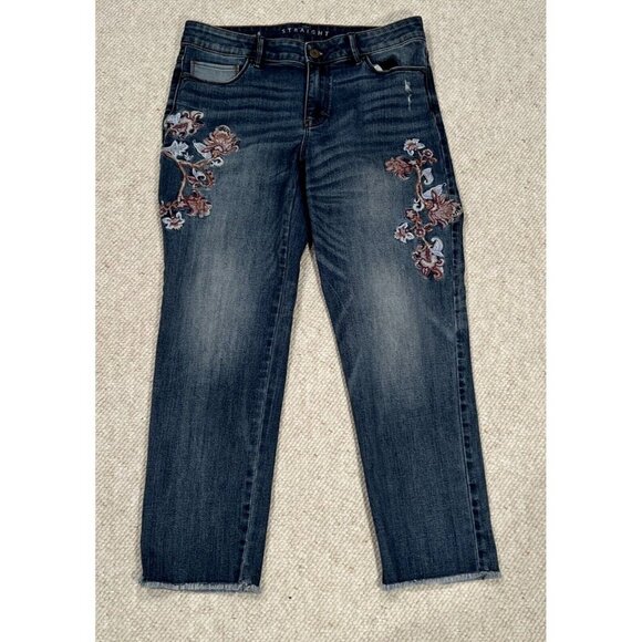 WHBM Floral Embroidered Straight Crop Jeans Size 8 Denim Cropped Raw Edge - Picture 1 of 6